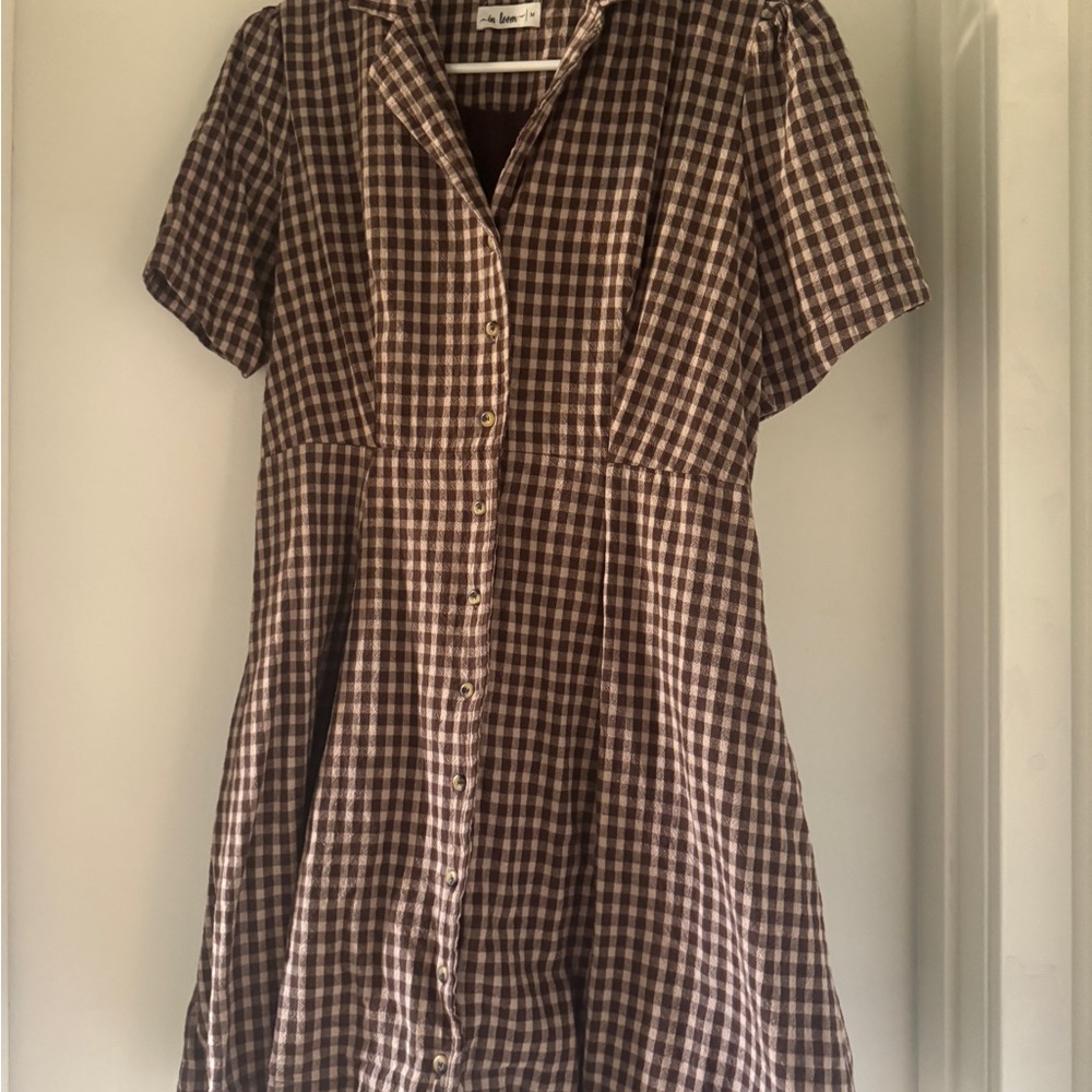 In Bloom Brown and Cream Gingham Button-Front Dress
